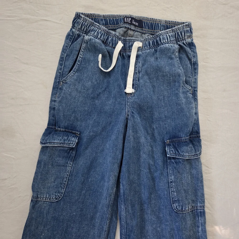 Gap High Rise Wide Leg Blue Denim Cargo Pants XS Womens Stretchy 26 Inch Waist - Picture 2 of 12